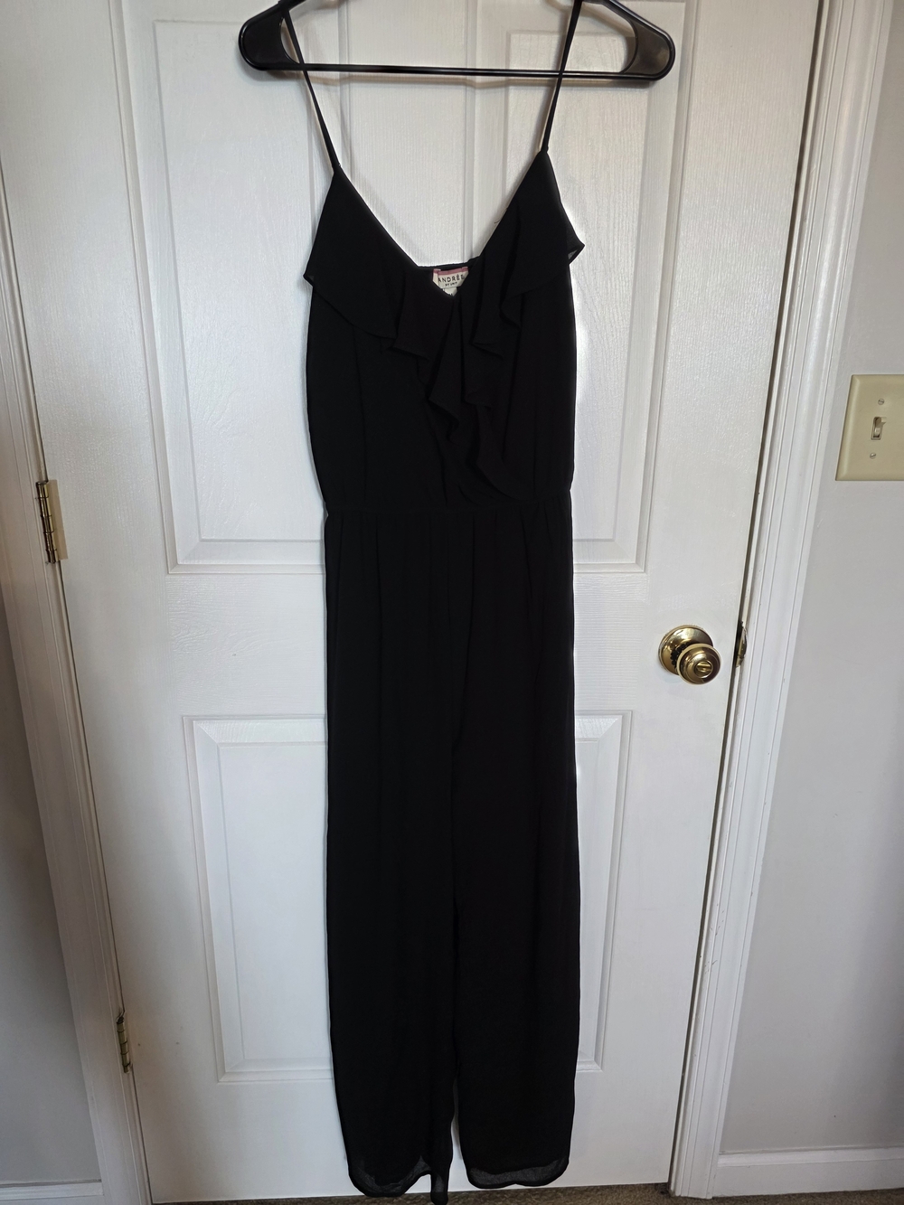 Andree Black Ruffled Spaghetti-Strap Maxi Jumpsuit